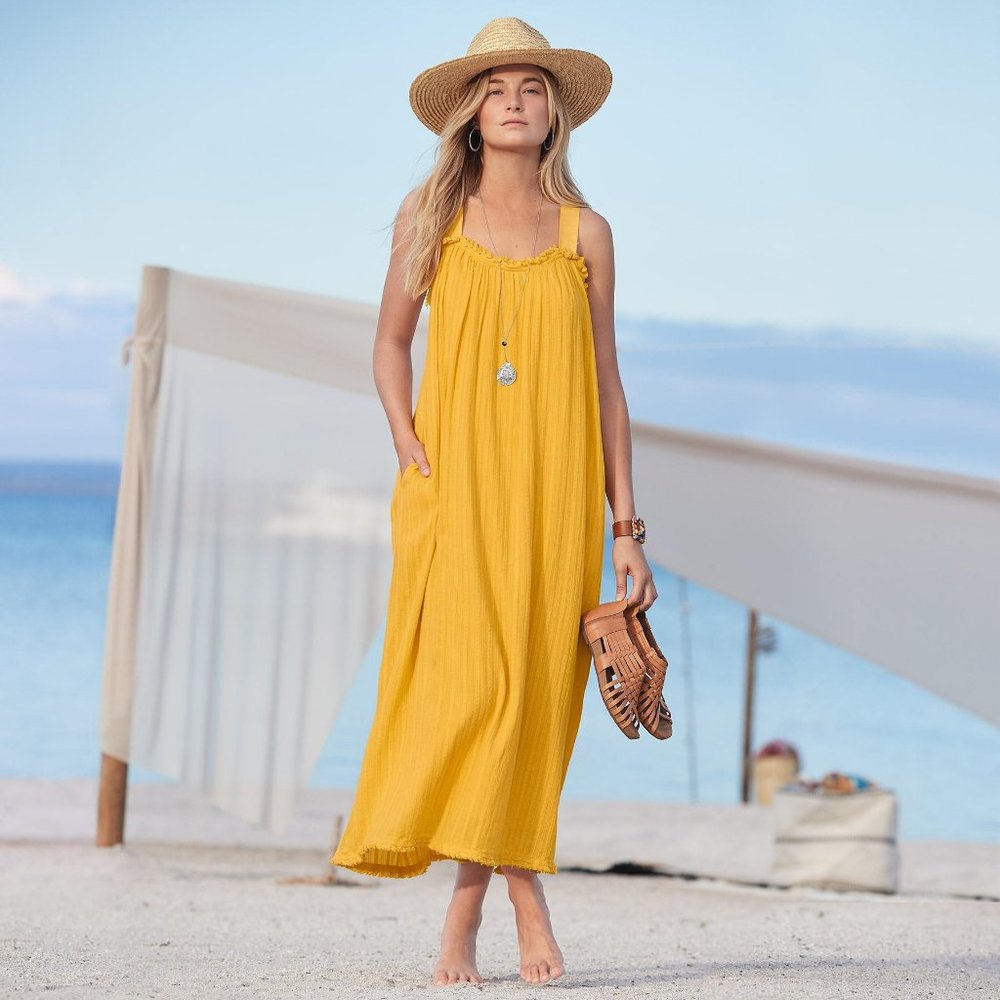 Sundance Sea Breeze Maxi Dress Women's Size Large Golden Yellow Gauze Cotton